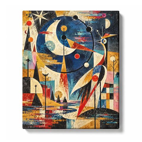 Celestial Abstract Paint by Numbers for Beginners featuring crescent moons, birds and towers glowing on midnight blue