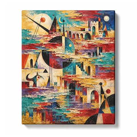 Abstract Paint by Numbers for Beginners featuring a festive village collage of striped towers, flags and arches