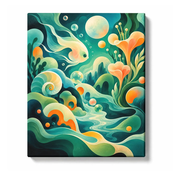 Turquoise Abstract Paint by Numbers for Beginners featuring turquoise currents with fish-like ribbons and bubbles