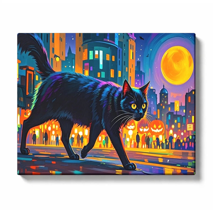 Paint by Numbers：Halloween Night Prowl Black Cat's City Stroll