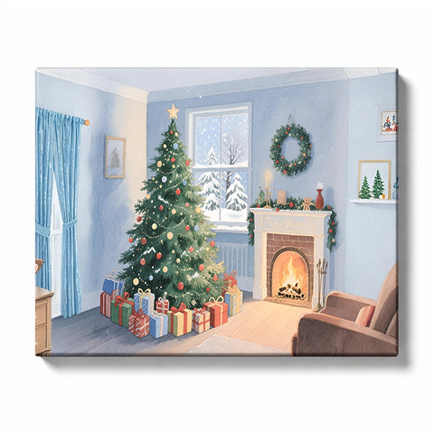 Christmas Paint by Numbers For Adults featuring decorated Christmas tree, colorful presents, glowing fireplace, wreath and snowy window in cozy blue living room