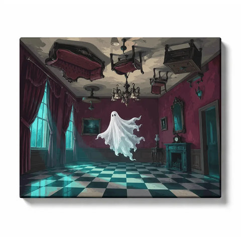 Halloween Paint by Numbers artwork of a white ghost floating in a burgundy parlor with upside-down furniture, turquoise window light and a checkerboard floor.
