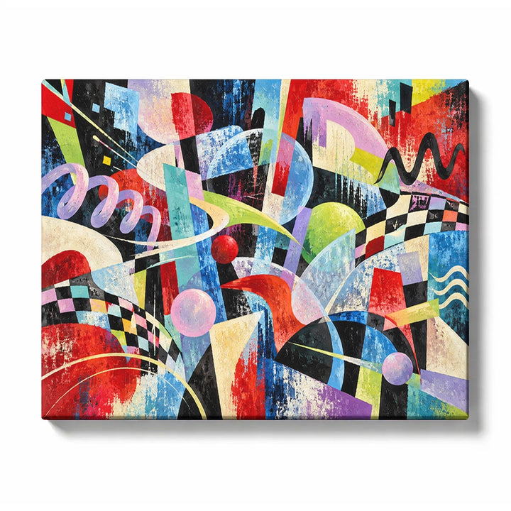 Colorful geometric abstraction with curves, wedges, lines and checkerboard shapes
