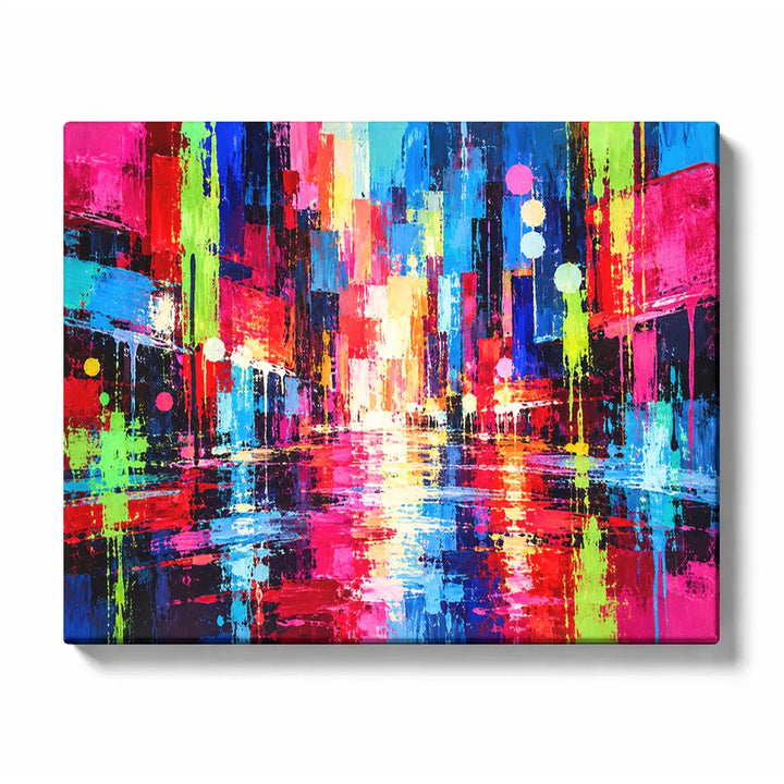 Neon Abstract Paint by Numbers for Beginners featuring a neon city at night with pink and cyan streaks reflecting on rain