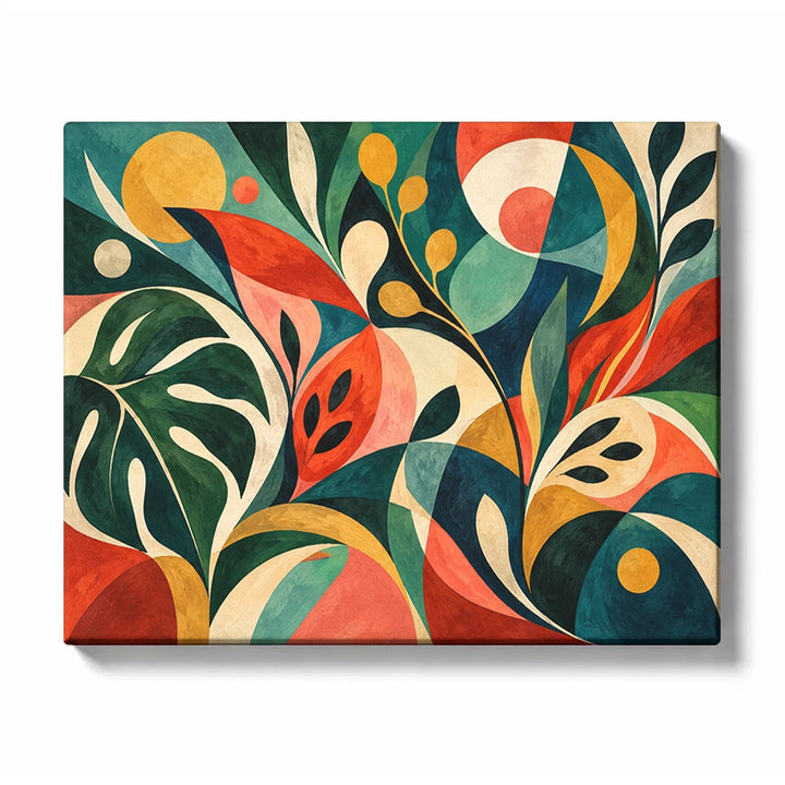 Tropical Abstract Paint by Numbers for Beginners featuring bold tropical leaves and flame-shaped blooms on deep green