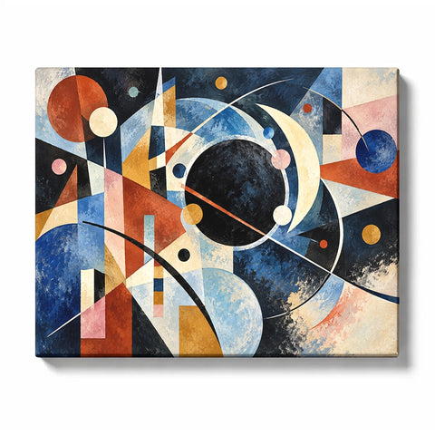 Abstract Paint by Numbers for Beginners featuring balanced circles, arcs and rectangles in calm blue, rust and sand tones