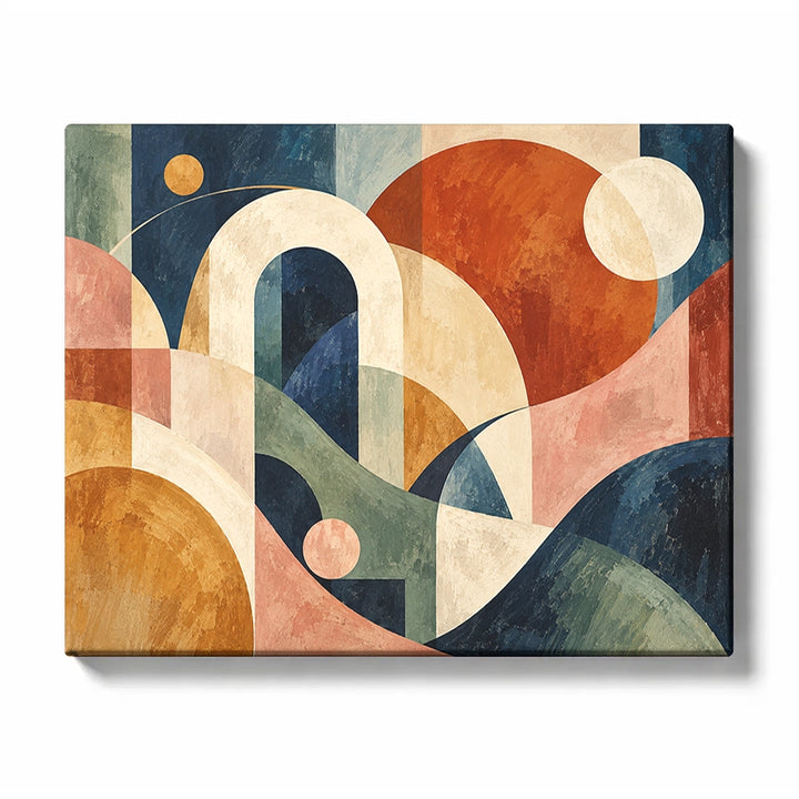 Terracotta Abstract Paint by Numbers for Beginners featuring terracotta arches, moons and spheres in an earthen composition