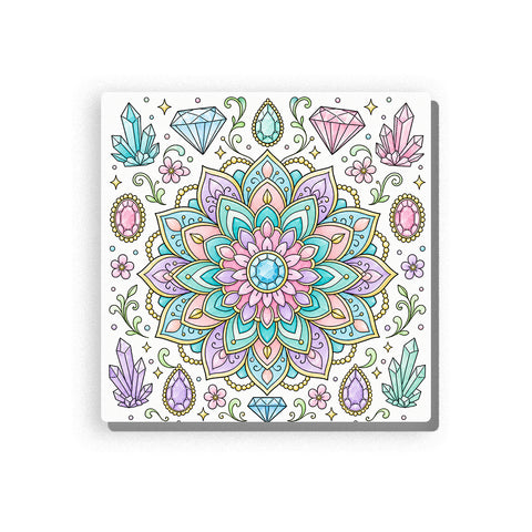 Gemstone mandala with turquoise, lilac, pink, and cream petals, surrounded by blue, pink, and mint green crystals, small flowers, gold beads, swirling vines, and symmetrical line-art details, Paint by Numbers kit for kids by PaintEasy.