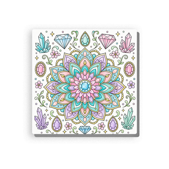 Gemstone mandala with turquoise, lilac, pink, and cream petals, surrounded by blue, pink, and mint green crystals, small flowers, gold beads, swirling vines, and symmetrical line-art details, Paint by Numbers kit for kids by PaintEasy.