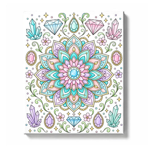 Gemstone mandala with turquoise, lilac, pink, and cream petals, surrounded by blue, pink, and mint green crystals, small flowers, gold beads, swirling vines, and symmetrical line-art details, Paint by Numbers kit for kids by PaintEasy.