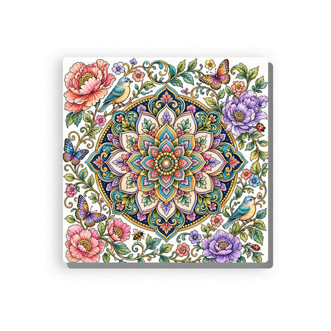 Floral mandala with layered turquoise, lilac, blush, and cream petals, surrounded by birds, butterflies, flowers, leafy vines, ladybugs, bees, and decorative gold line accents, Paint by Numbers kit for adults by PaintEasy.