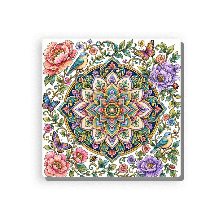 Floral mandala with layered turquoise, lilac, blush, and cream petals, surrounded by birds, butterflies, flowers, leafy vines, ladybugs, bees, and decorative gold line accents, Paint by Numbers kit for adults by PaintEasy.