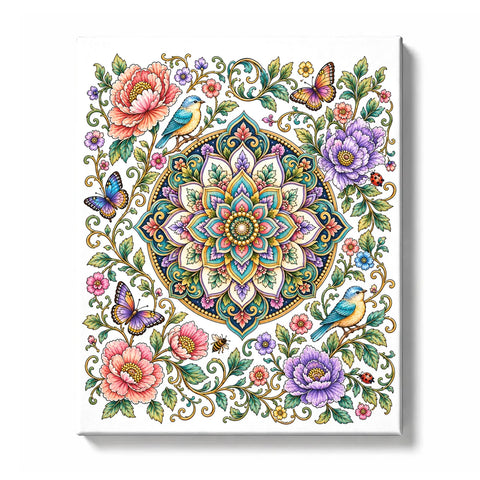Floral mandala with layered turquoise, lilac, blush, and cream petals, surrounded by birds, butterflies, flowers, leafy vines, ladybugs, bees, and decorative gold line accents, Paint by Numbers kit for adults by PaintEasy.