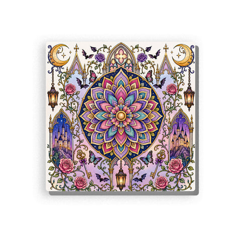 Symmetrical gothic mandala in purple, pink, turquoise, and cream petals, surrounded by castles, roses, butterflies, crescent moons, bats, lanterns, keys, and swirling vines, Paint by Numbers kit for adults by PaintEasy.