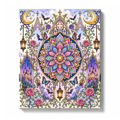 Symmetrical gothic mandala in purple, pink, turquoise, and cream petals, surrounded by castles, roses, butterflies, crescent moons, bats, lanterns, keys, and swirling vines, Paint by Numbers kit for adults by PaintEasy.