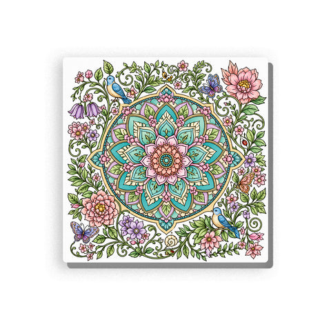 Botanical mandala with teal and pink layered petals, blue birds, butterflies, pink peonies, purple flowers, leafy vines, small ladybug, snail detail, and fine line-art garden border, Paint by Numbers kit for adults by PaintEasy.