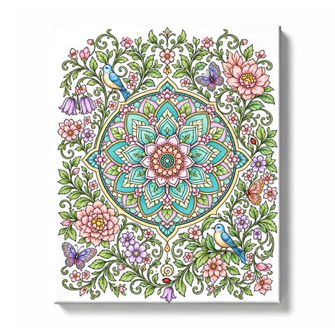 Botanical mandala with teal and pink layered petals, blue birds, butterflies, pink peonies, purple flowers, leafy vines, small ladybug, snail detail, and fine line-art garden border, Paint by Numbers kit for adults by PaintEasy.