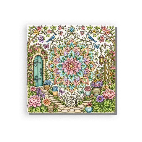 Garden mandala with pink and aqua layered petals, blue birds, butterflies, teal garden door, floral gate, stone paths, potted flowers, hanging lantern, leafy vines, and detailed line-art border, Paint by Numbers kit for adults by PaintEasy.
