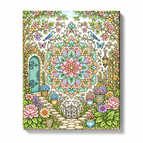 Garden mandala with pink and aqua layered petals, blue birds, butterflies, teal garden door, floral gate, stone paths, potted flowers, hanging lantern, leafy vines, and detailed line-art border, Paint by Numbers kit for adults by PaintEasy.