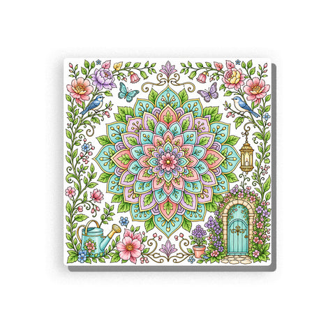 Floral mandala with turquoise, aqua, pink, cream, and purple petals, surrounded by birds, butterflies, leafy vines, roses, bell flowers, potted plants, a hanging lantern, snail, and teal garden door, Paint by Numbers kit for adults by PaintEasy.