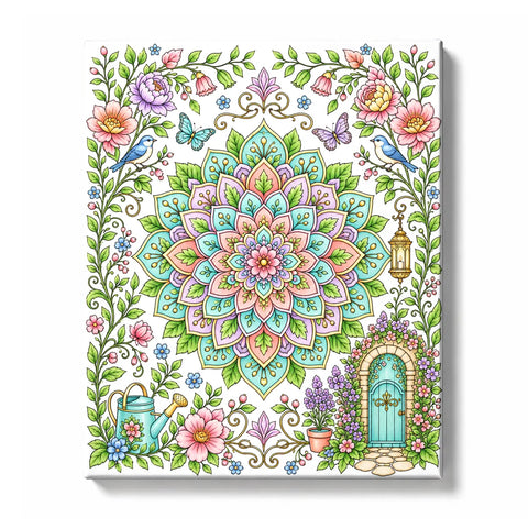 Floral mandala with turquoise, aqua, pink, cream, and purple petals, surrounded by birds, butterflies, leafy vines, roses, bell flowers, potted plants, a hanging lantern, snail, and teal garden door, Paint by Numbers kit for adults by PaintEasy.