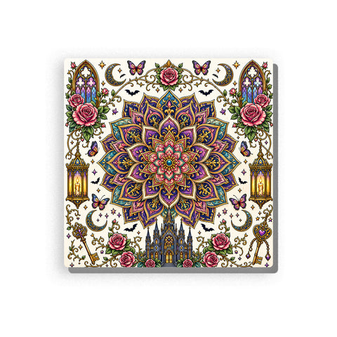Symmetrical gothic mandala with purple, teal, pink, and cream petals, castle spires, roses, butterflies, crescent moons, lanterns, keys, bats, and ornate decorative border, Paint by Numbers kit for adults by PaintEasy.