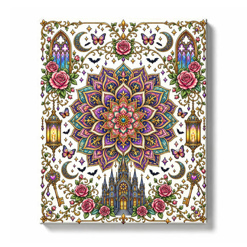 Symmetrical gothic mandala with purple, teal, pink, and cream petals, castle spires, roses, butterflies, crescent moons, lanterns, keys, bats, and ornate decorative border, Paint by Numbers kit for adults by PaintEasy.