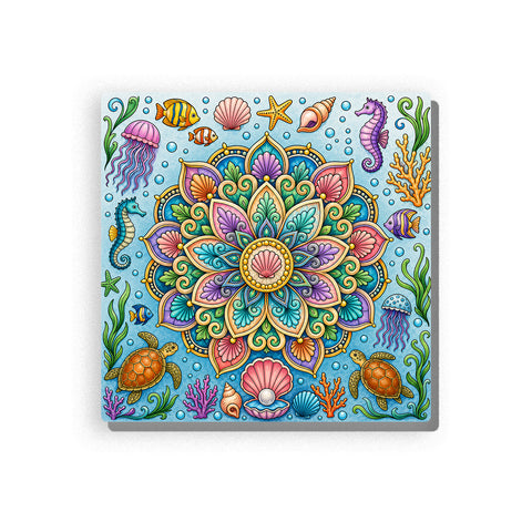 Underwater mandala with layered turquoise, teal, pink, lavender, and cream petals, surrounded by turtles, seahorses, clownfish, angelfish, jellyfish, starfish, shells, coral, and aquatic plant details, Paint by Numbers kit for adults by PaintEasy.