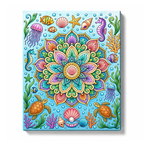 Underwater mandala with layered turquoise, teal, pink, lavender, and cream petals, surrounded by turtles, seahorses, clownfish, angelfish, jellyfish, starfish, shells, coral, and aquatic plant details, Paint by Numbers kit for adults by PaintEasy.