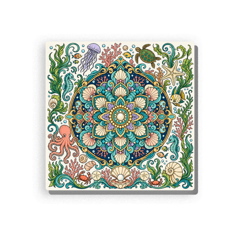 Underwater mandala with turquoise, aqua, pink, lavender, and cream petals, surrounded by pink octopus, seahorses, green turtle, starfish, fish, shells, coral, seaweed, and bubble details, Paint by Numbers kit for adults by PaintEasy.