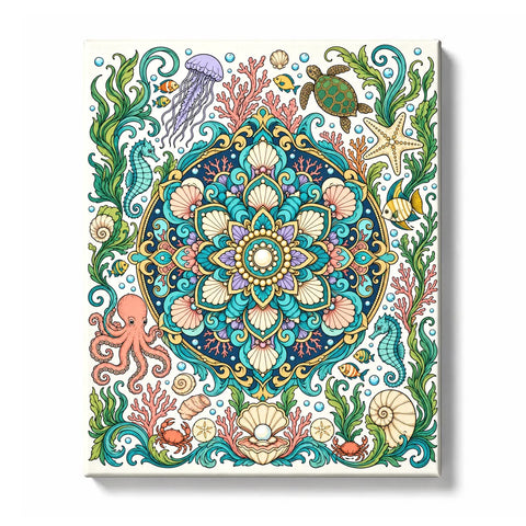 Underwater mandala with turquoise, aqua, pink, lavender, and cream petals, surrounded by pink octopus, seahorses, green turtle, starfish, fish, shells, coral, seaweed, and bubble details, Paint by Numbers kit for adults by PaintEasy.