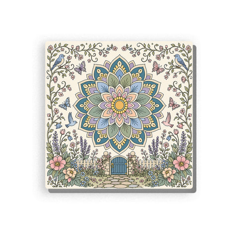 Symmetrical floral garden mandala in blue, green, pink, lavender, and cream, with birds, butterflies, roses, lavender clusters, decorative garden gate, vines, and ornate border, Paint by Numbers kit for adults by PaintEasy.