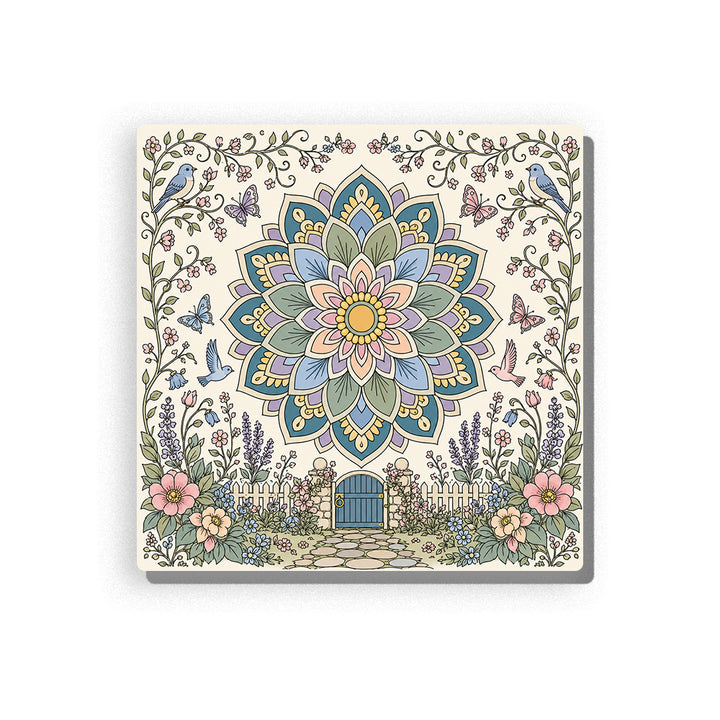 Symmetrical floral garden mandala in blue, green, pink, lavender, and cream, with birds, butterflies, roses, lavender clusters, decorative garden gate, vines, and ornate border, Paint by Numbers kit for adults by PaintEasy.