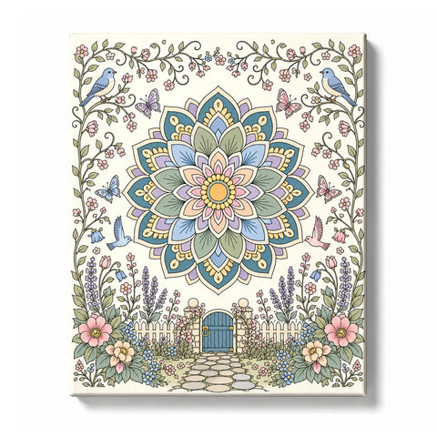 Symmetrical floral garden mandala in blue, green, pink, lavender, and cream, with birds, butterflies, roses, lavender clusters, decorative garden gate, vines, and ornate border, Paint by Numbers kit for adults by PaintEasy.