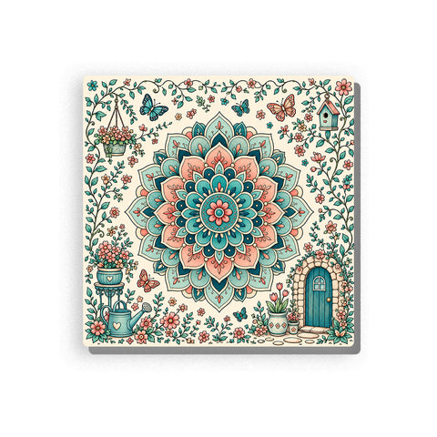 Garden mandala with teal, aqua, pink, and cream layered petals, surrounded by butterflies, leafy vines, hanging flower pots, potted flowers, birdhouse, and stone pathway details, Paint by Numbers kit for adults by PaintEasy.