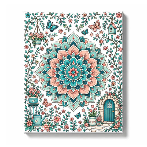 Garden mandala with teal, aqua, pink, and cream layered petals, surrounded by butterflies, leafy vines, hanging flower pots, potted flowers, birdhouse, and stone pathway details, Paint by Numbers kit for adults by PaintEasy.
