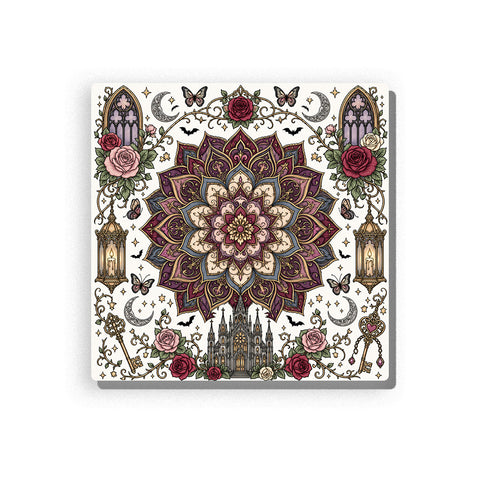 Dark gothic mandala with deep plum and ivory petals, gray castle, arched windows, roses, crescent moons, lanterns, black bats, butterflies, ornate keys, heart charm, antique gold accents, and detailed line-art border, Paint by Numbers kit for adults by PaintEasy.