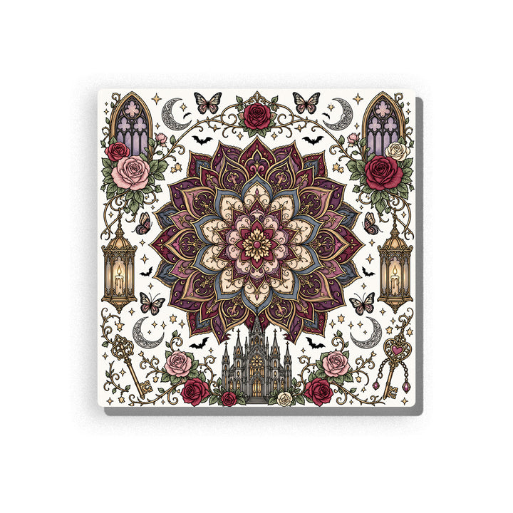 Dark gothic mandala with deep plum and ivory petals, gray castle, arched windows, roses, crescent moons, lanterns, black bats, butterflies, ornate keys, heart charm, antique gold accents, and detailed line-art border, Paint by Numbers kit for adults by PaintEasy.