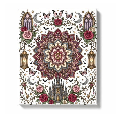 Dark gothic mandala with deep plum and ivory petals, gray castle, arched windows, roses, crescent moons, lanterns, black bats, butterflies, ornate keys, heart charm, antique gold accents, and detailed line-art border, Paint by Numbers kit for adults by PaintEasy.