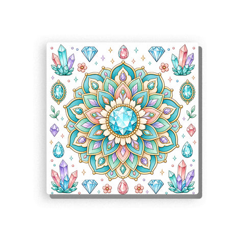 Gem-inspired mandala with turquoise, aqua, pink, lilac, and cream petals, surrounded by crystals, gemstones, flowers, leaves, and sparkling stars, Paint by Numbers kit for adults by PaintEasy.