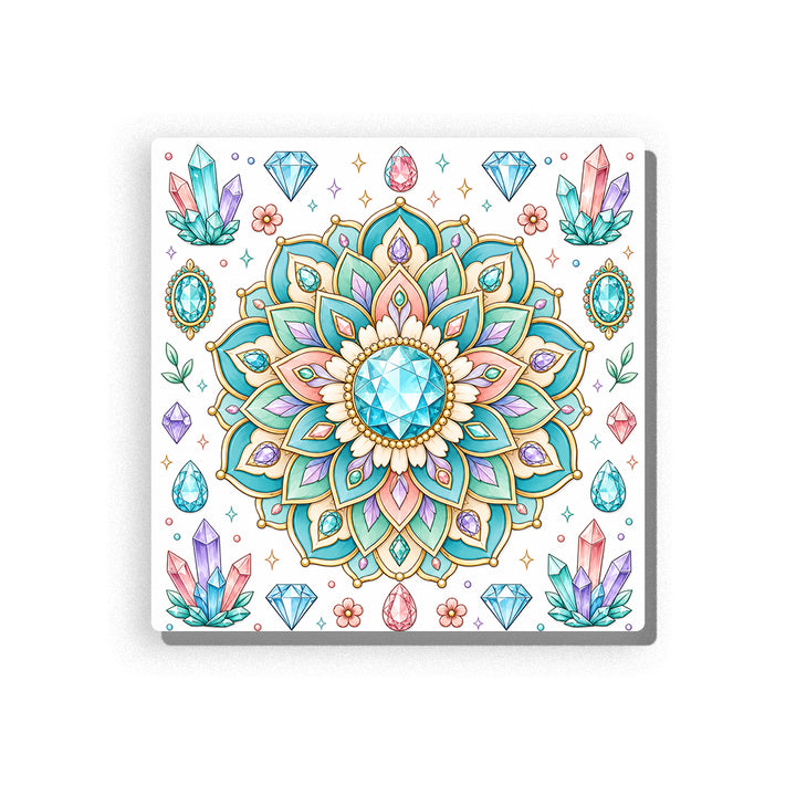 Gem-inspired mandala with turquoise, aqua, pink, lilac, and cream petals, surrounded by crystals, gemstones, flowers, leaves, and sparkling stars, Paint by Numbers kit for adults by PaintEasy.