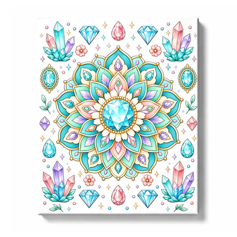 Gem-inspired mandala with turquoise, aqua, pink, lilac, and cream petals, surrounded by crystals, gemstones, flowers, leaves, and sparkling stars, Paint by Numbers kit for adults by PaintEasy.
