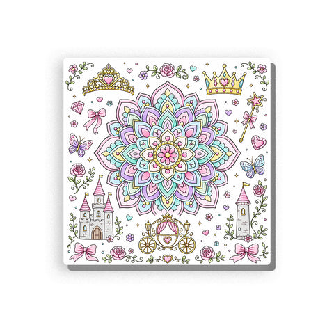 Princess mandala with pastel pink, lilac, teal, and aqua petals, surrounded by crowns, wands, jewels, butterflies, roses, small flowers, castles, heart motifs, and ornamental vine border, Paint by Numbers kit for adults by PaintEasy.