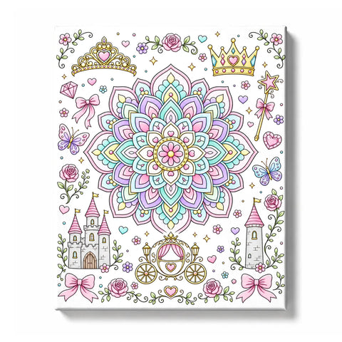 Princess mandala with pastel pink, lilac, teal, and aqua petals, surrounded by crowns, wands, jewels, butterflies, roses, small flowers, castles, heart motifs, and ornamental vine border, Paint by Numbers kit for adults by PaintEasy.