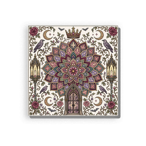 Dark gothic mandala with plum and mauve petals, ravens, crescent moons, roses, bats, lanterns, crown, arched doorway, thorny vines, antique gold accents, and detailed line-art border, Paint by Numbers kit for adults by PaintEasy.