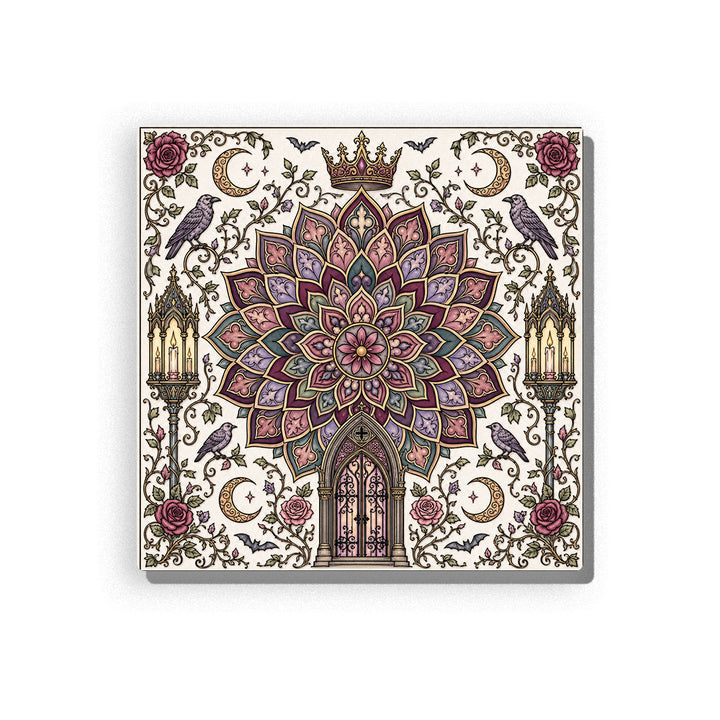 Dark gothic mandala with plum and mauve petals, ravens, crescent moons, roses, bats, lanterns, crown, arched doorway, thorny vines, antique gold accents, and detailed line-art border, Paint by Numbers kit for adults by PaintEasy.