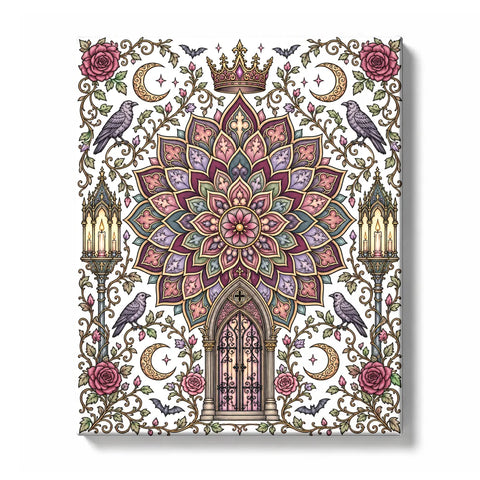 Dark gothic mandala with plum and mauve petals, ravens, crescent moons, roses, bats, lanterns, crown, arched doorway, thorny vines, antique gold accents, and detailed line-art border, Paint by Numbers kit for adults by PaintEasy.