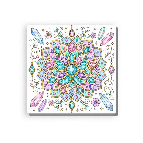 Gemstone mandala with turquoise, aqua, pink, lavender, and cream petals, surrounded by crystals, flowers, and leafy decorative accents, Paint by Numbers kit for adults by PaintEasy.