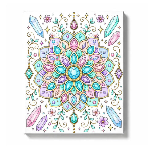 Gemstone mandala with turquoise, aqua, pink, lavender, and cream petals, surrounded by crystals, flowers, and leafy decorative accents, Paint by Numbers kit for adults by PaintEasy.