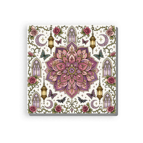 Gothic mandala with plum, lavender, dusty rose, sage, and cream petals, surrounded by roses, butterflies, lanterns, crescent moons, black bats, keys, and gothic castle details, Paint by Numbers kit for adults by PaintEasy.